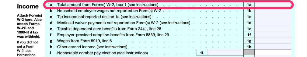 Part of a blank Form 1040, with line 1a, for W-2 income, circled in pink
