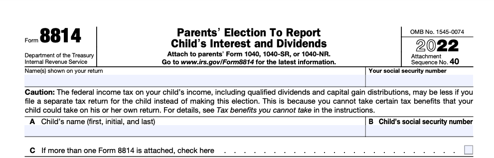 The top part of a blank Form 8814, used by parents who choose to report their child's unearned income on their own tax return