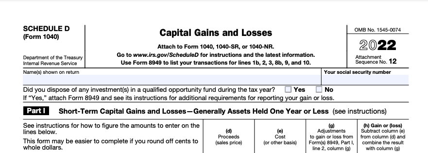 The top part of a blank Schedule D, used to report capital gains