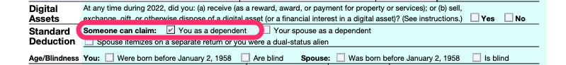 Part of a blank Form 1040, with the box indicating that someone can claim you as a dependent checked and circled in pink