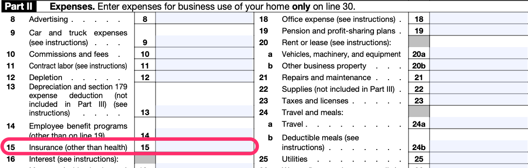 Part II of a blank Schedule C, with line 15, for "Insurance (other than health)" circled in pink