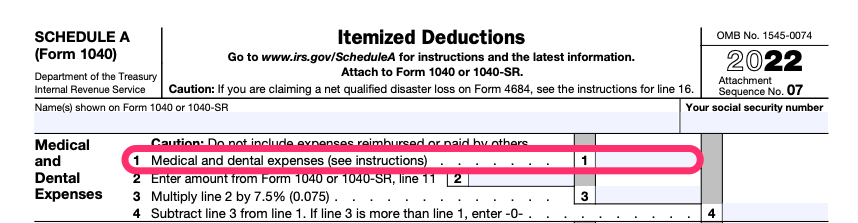 The top part of a blank Schedule A, with line 1, for medical and dental expenses, circled in pink