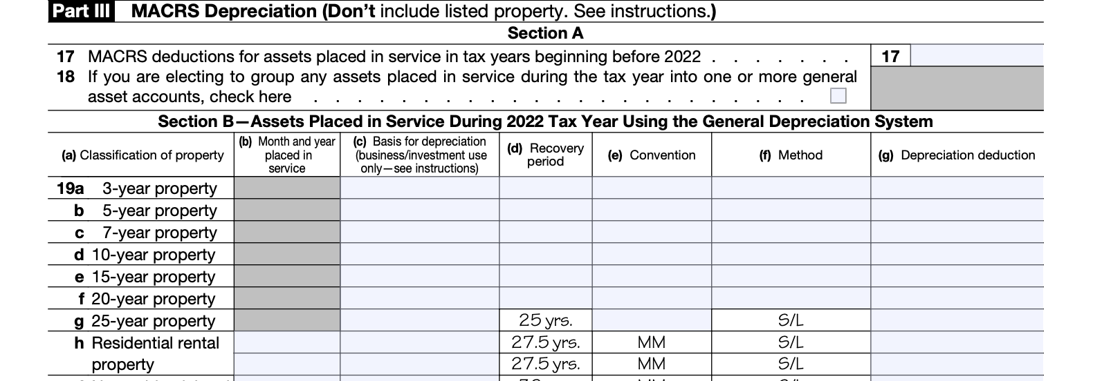 The top part of Part III of Form 4562, for MACRS Depreciation — including of residential home improvements