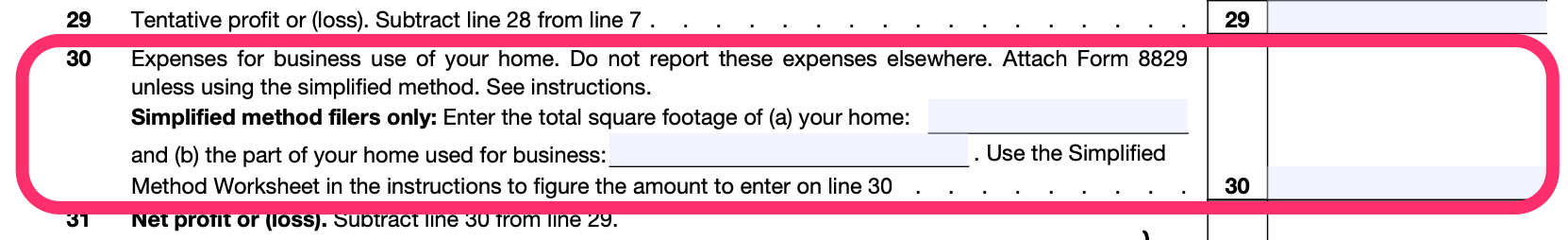 Part of a blank Schedule C, with line 30, for home office expenses, circled in pink