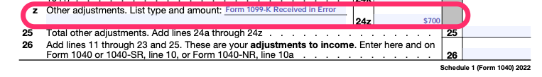 Part of a blank Schedule 1 with line 24z circled in pink. The type reads "Form 1099-K Received in Error," and the amount is $700