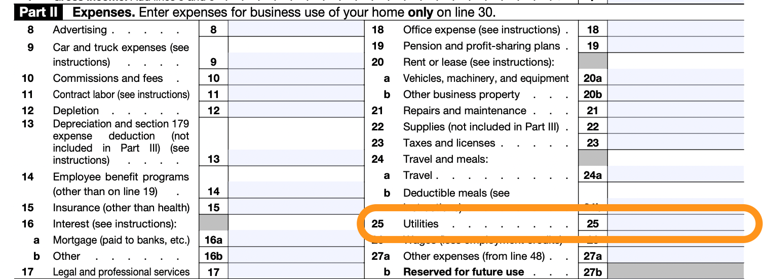 part II of the schedule C form with line 25 ("utilities") circled in orange