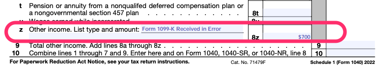 Part of a blank Schedule 1 with line 8z circled in pink. The type reads "Form 1099-K Received in Error," and the amount is $700