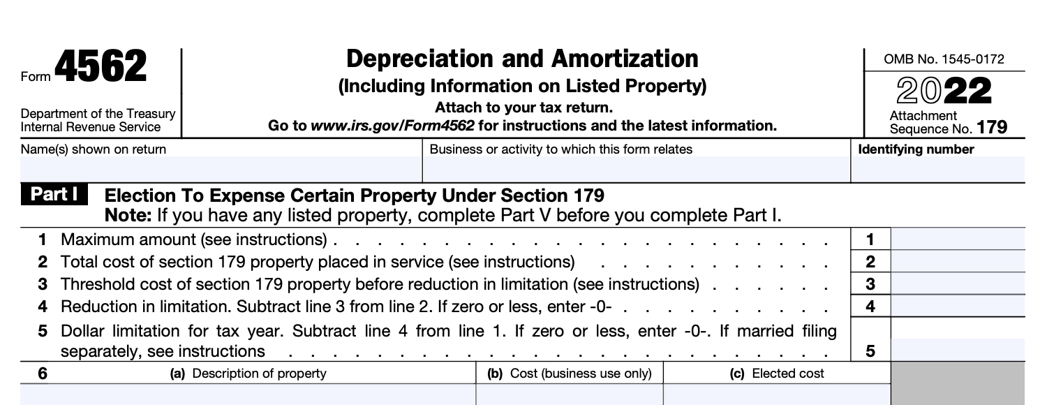 Part I of a blank Form 4562, for "Election to Expense Certain Property Under Section 179)"
