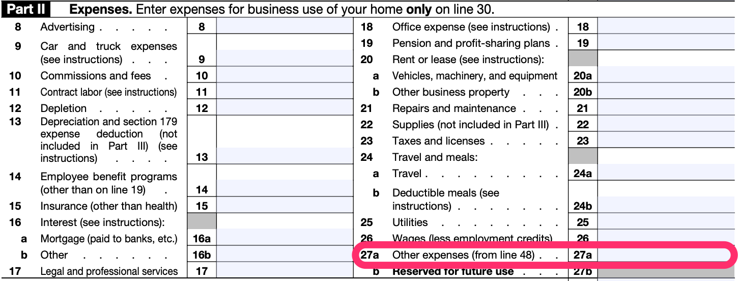 Part II of a blank Schedule C, with line 27a, for "Other expenses," circled in pink