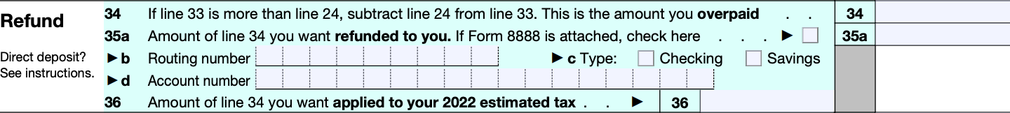 The refund section of a black Form 1040, lines 34-36