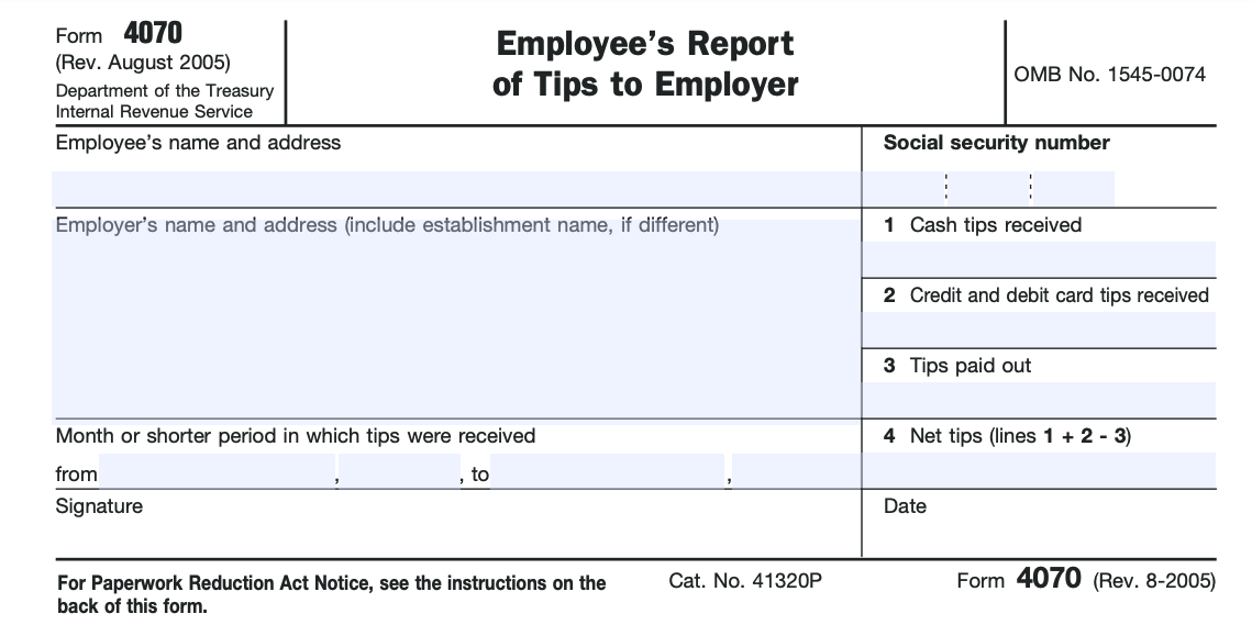 Part of a blank Form 4070, used by employees to report tips to their employers