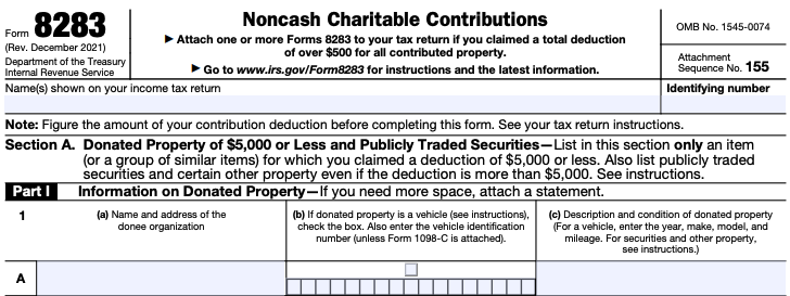 The top of Form 8283, showing up to Box A of Part !