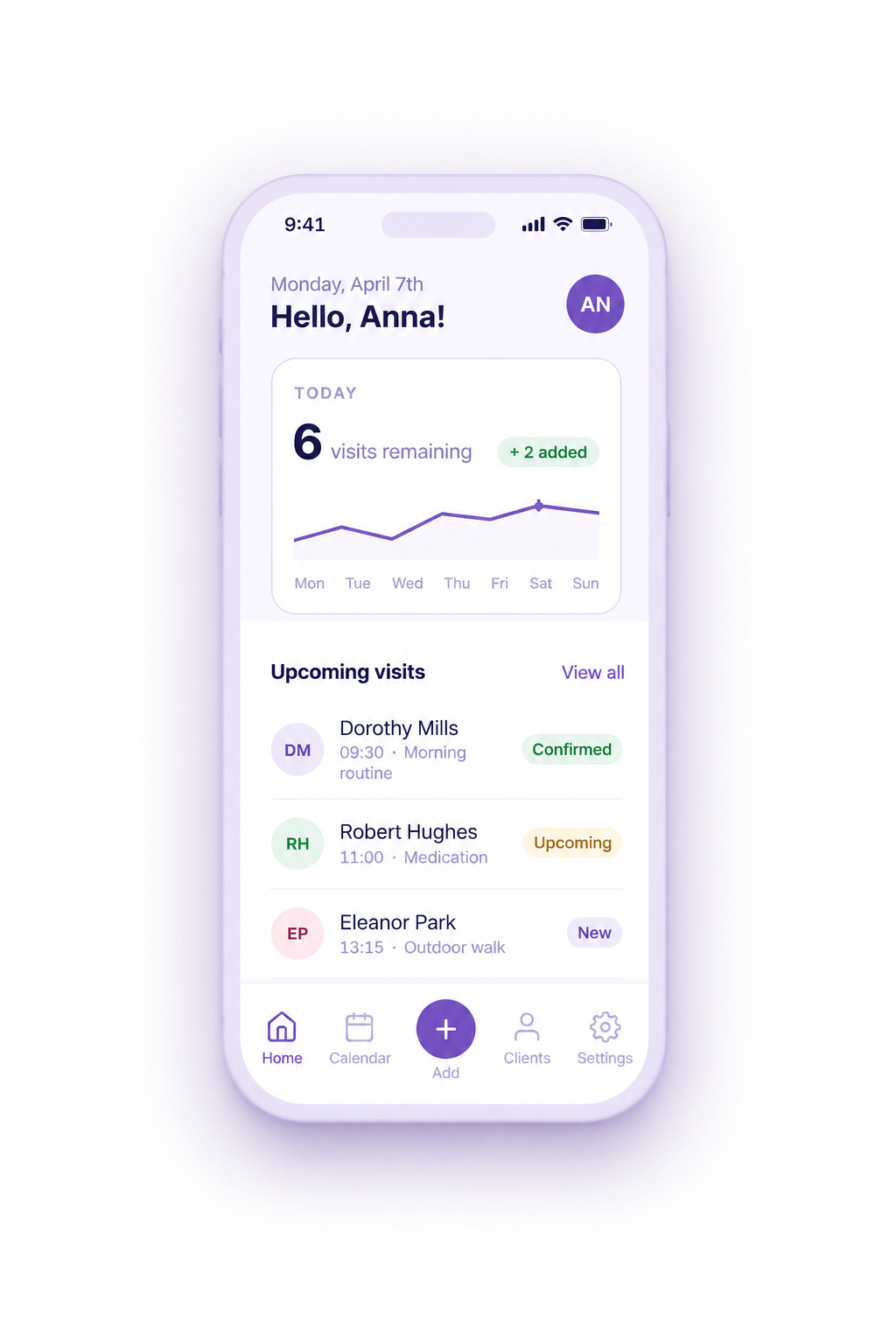 Mobile app screen displaying scheduled home care visits.
