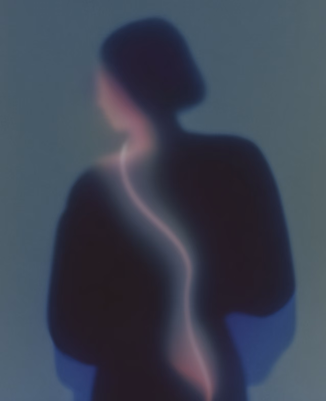 Blurred silhouette of a person with a glowing, wavy line running down their back.