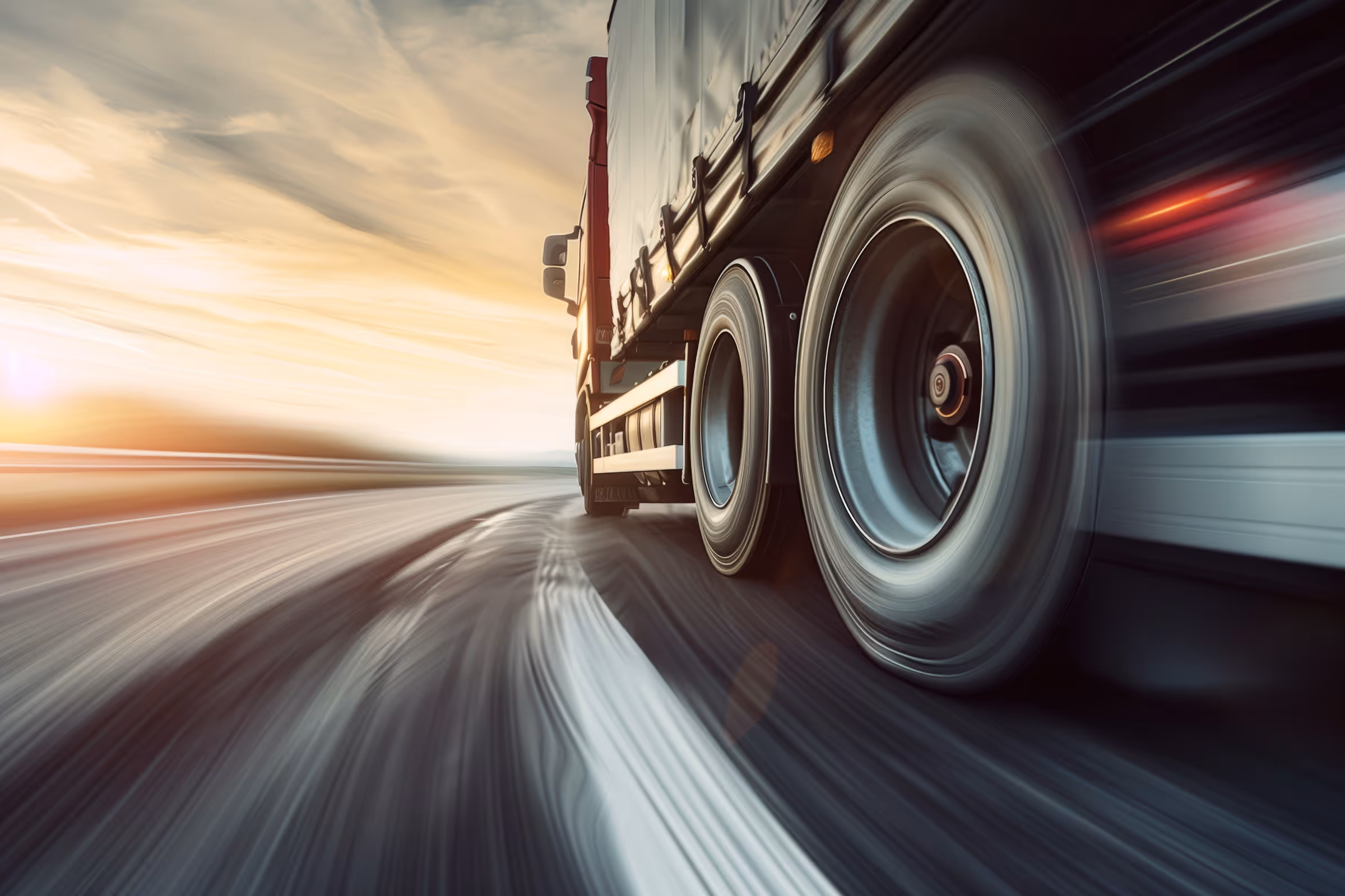 Close-up of a moving truck's rear wheels on a curved road at sunset.