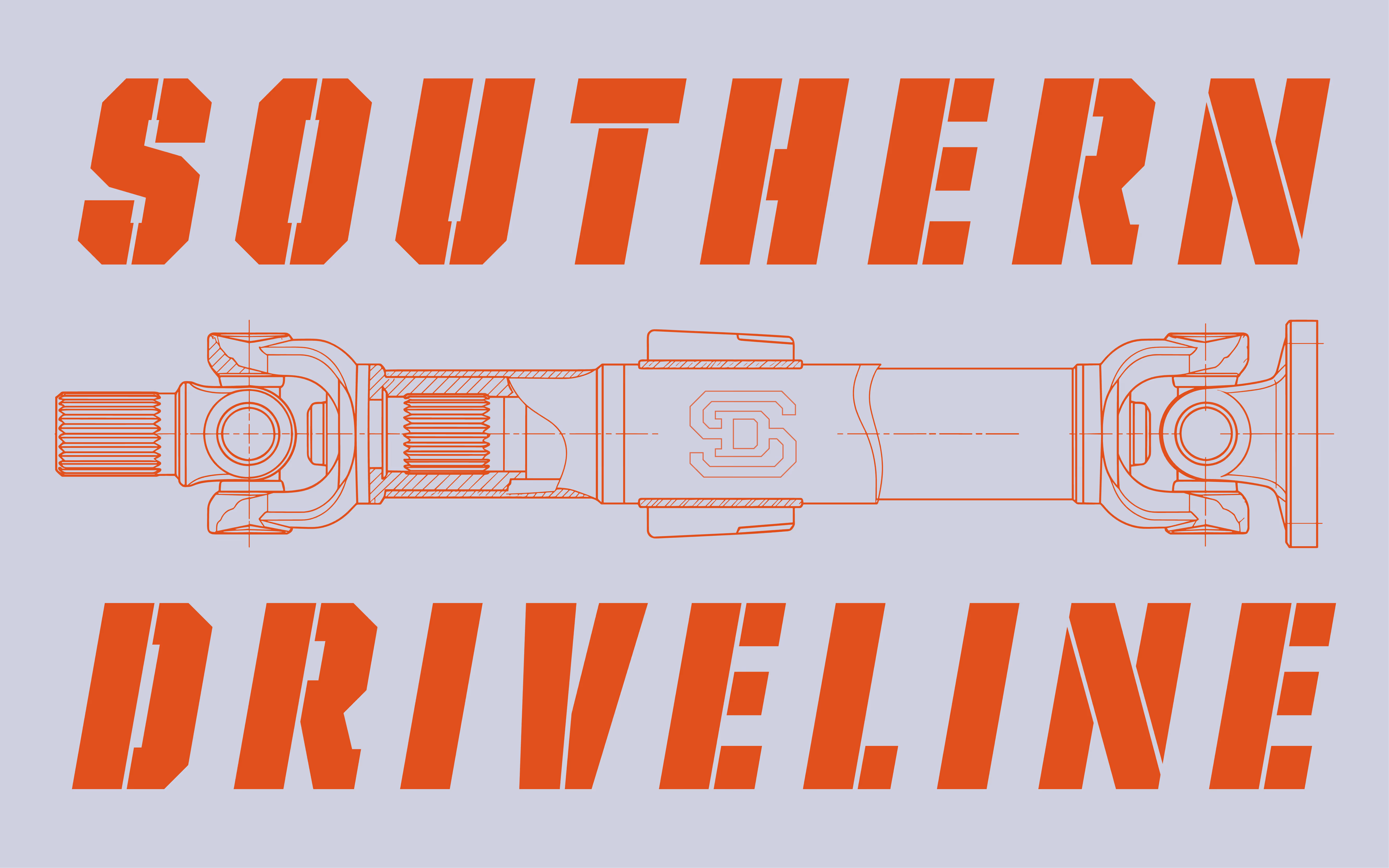 Engineering blueprint of a driveline component with bold text reading Southern Driveline on a gray background.