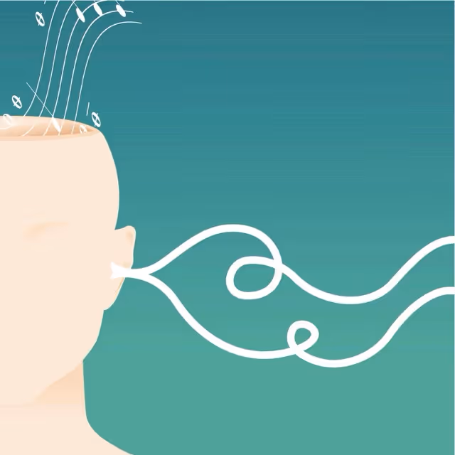 Abstract illustration of a human profile with flowing lines and musical notes, representing the connection between music and the brain