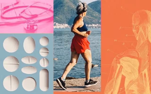 Collage featuring medical equipment, supplements, physical activity, and human anatomy related to healthy aging and longevity research