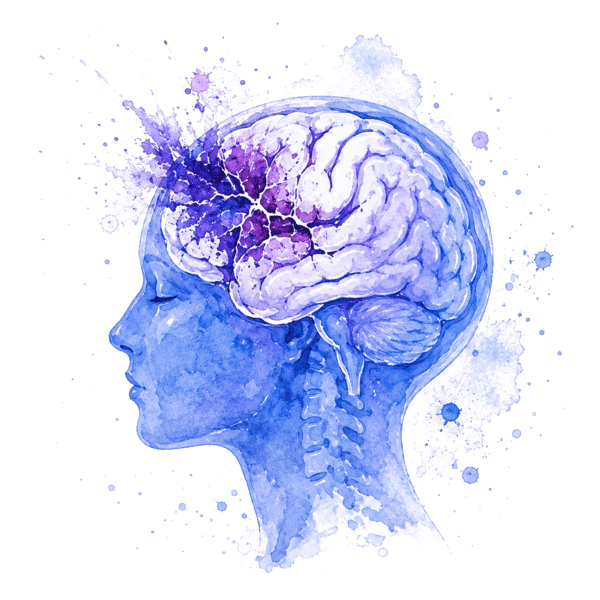 A watercolor illustration of a human profile with the brain highlighted, symbolizing brain health, neuroscience, and cognitive function.