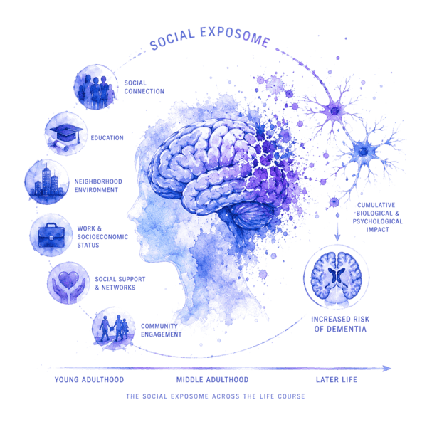 An illustration of the social exposome showing how social and environmental factors across the lifespan influence brain health and dementia risk.
