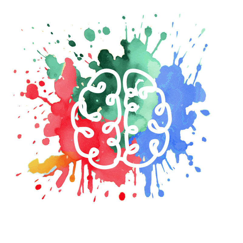 A stylized white brain outline over vibrant watercolor splashes in red, green, teal, blue, and yellow on a white background.