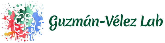Logo with a white brain outline over colorful splashes next to the text Guzmán-Vélez Lab.