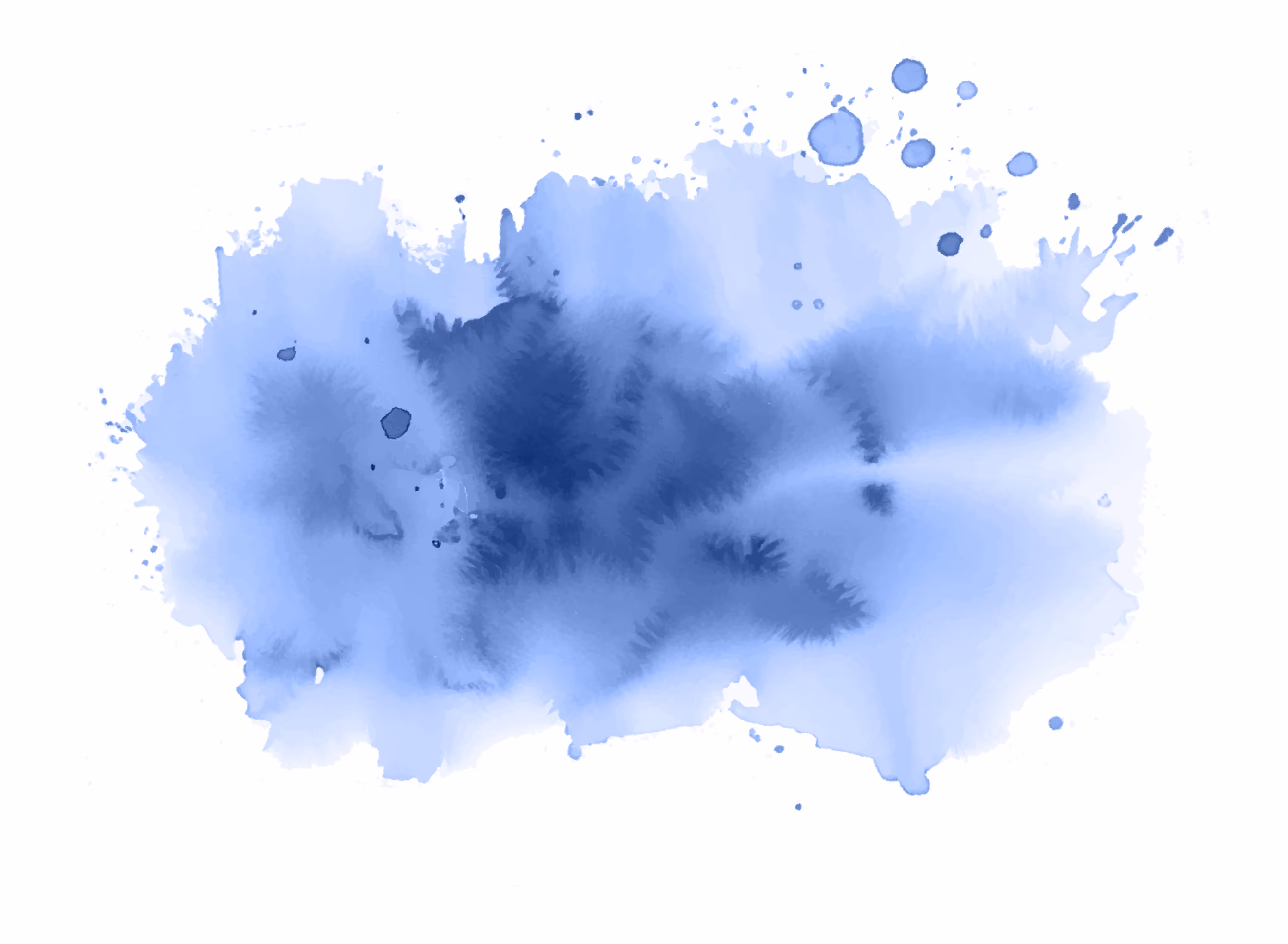 Abstract blue watercolor paint splash with varying shades on white background.