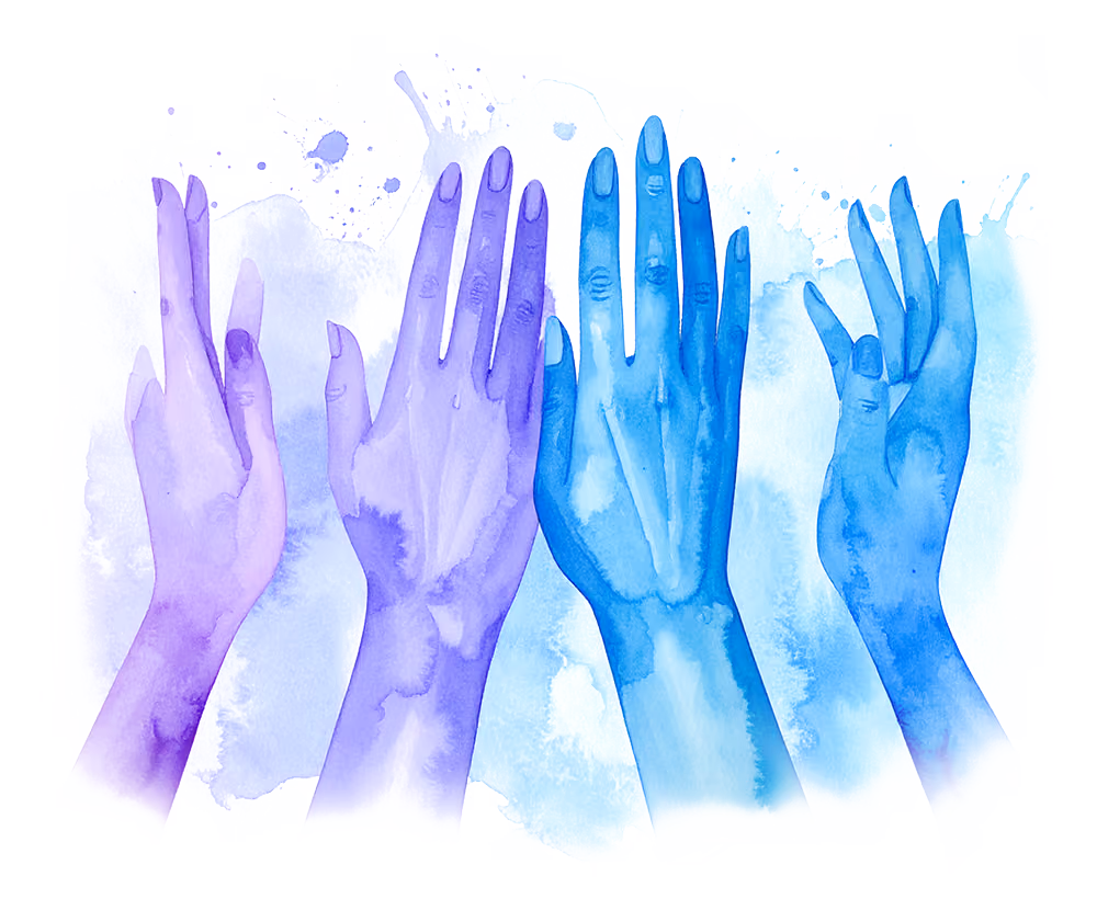 Watercolor painting of four raised hands in shades of purple and blue with paint splatters background.