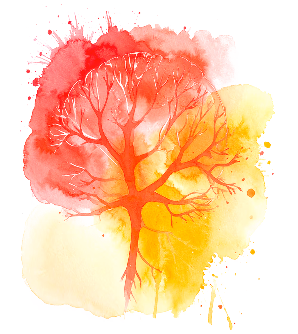 Watercolor painting of a tree with red branches and a background of red and yellow splashes.