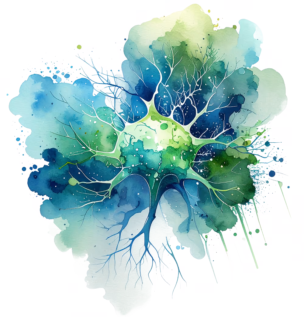 Watercolor illustration of a neuron with dendrites and axon in shades of blue and green.