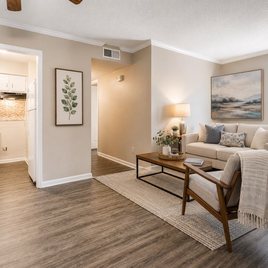 Staged living room with crown molding at Residences at The Overlook