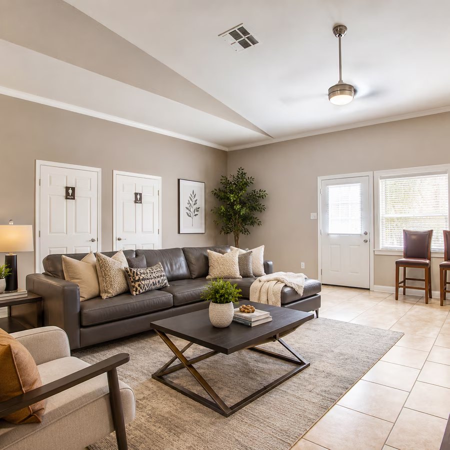 Community clubhouse lounge with leather sofa