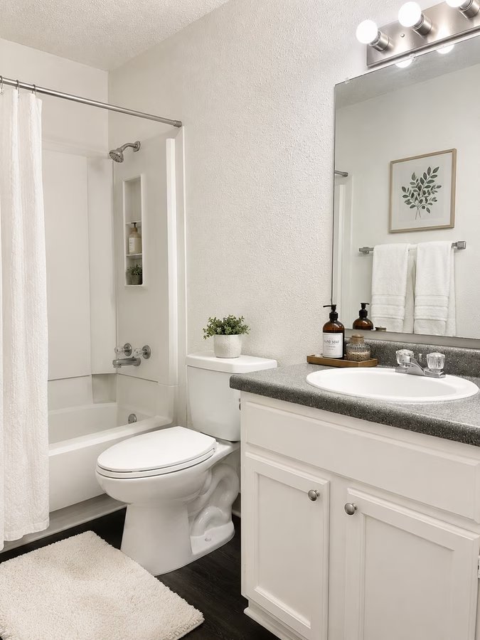 Staged bathroom with tub shower and gray vanity