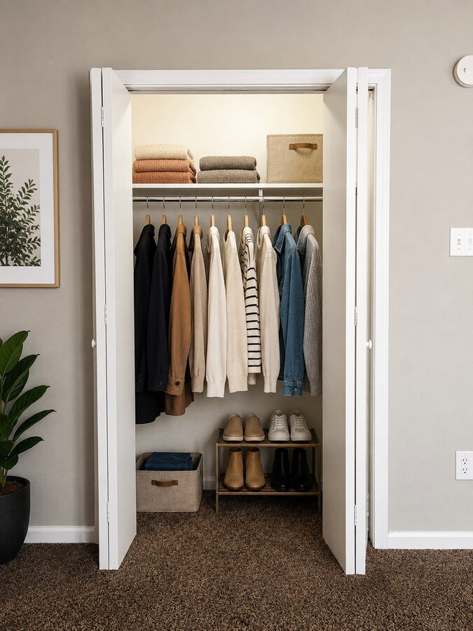 Staged closet with hanging clothes and shelf storage
