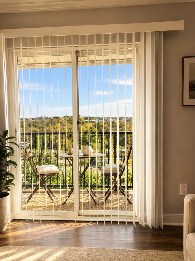 Private balcony with bistro set and treetop skyline views