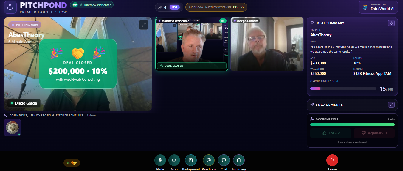A live PitchPond event with a deal accepted