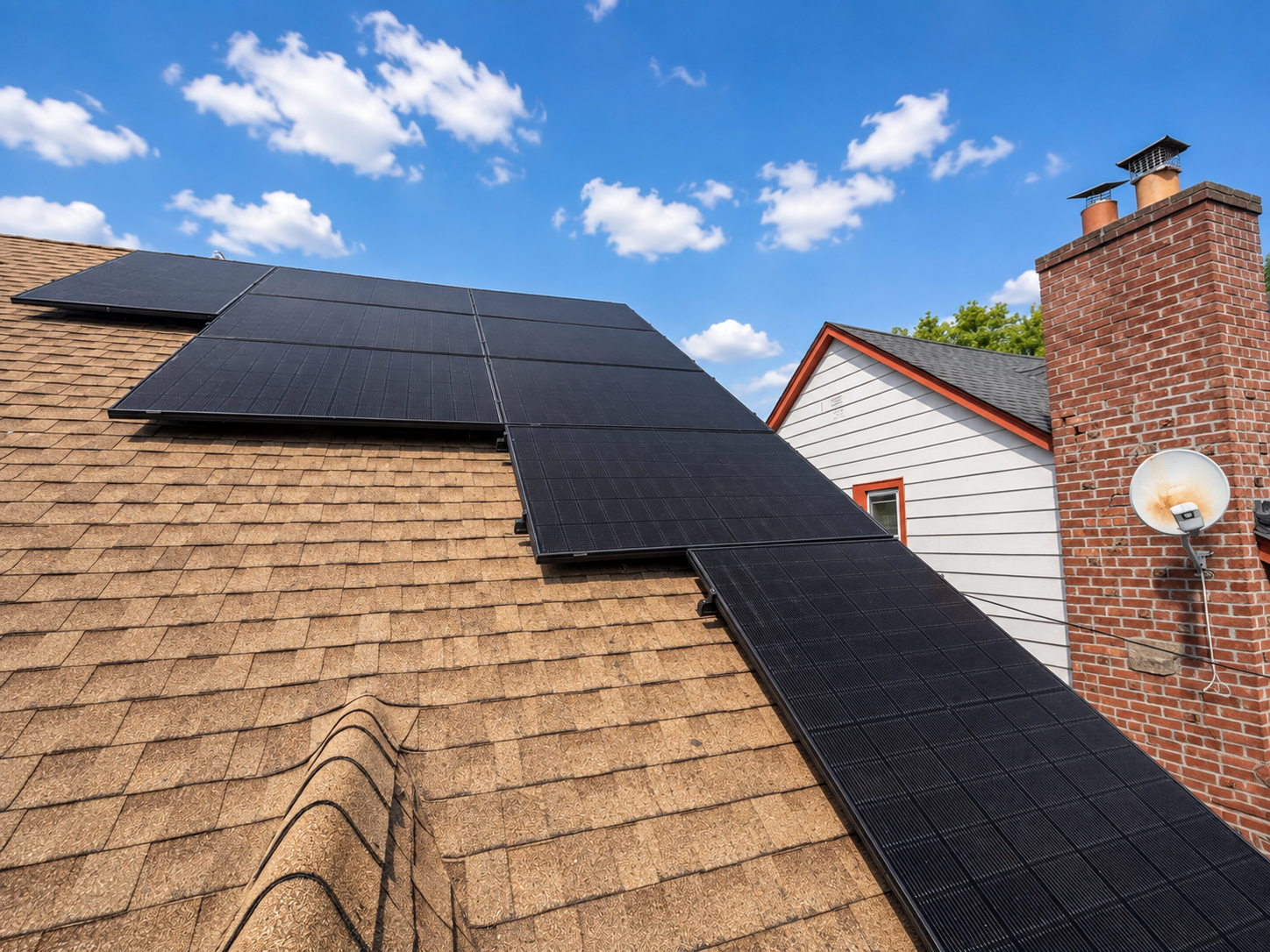 Black solar panels installed on a shingled roof under a blue sky with scattered clouds.