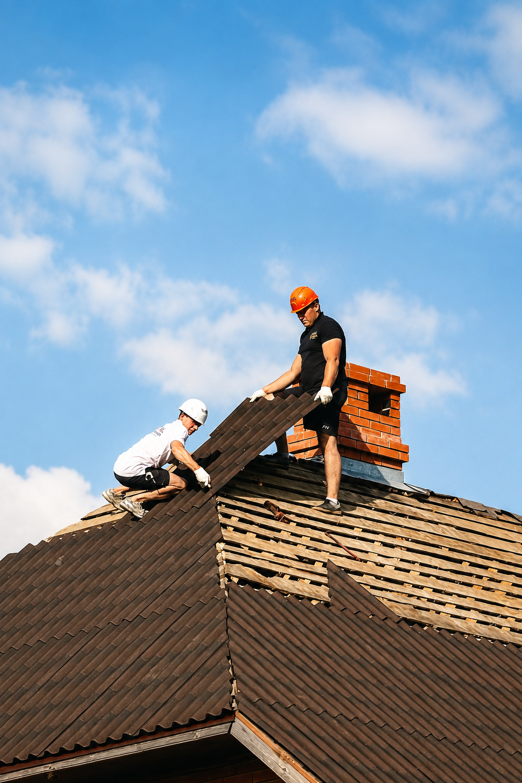 Two construction workers wearing helmets installing brown roofing sheets on a house roof.