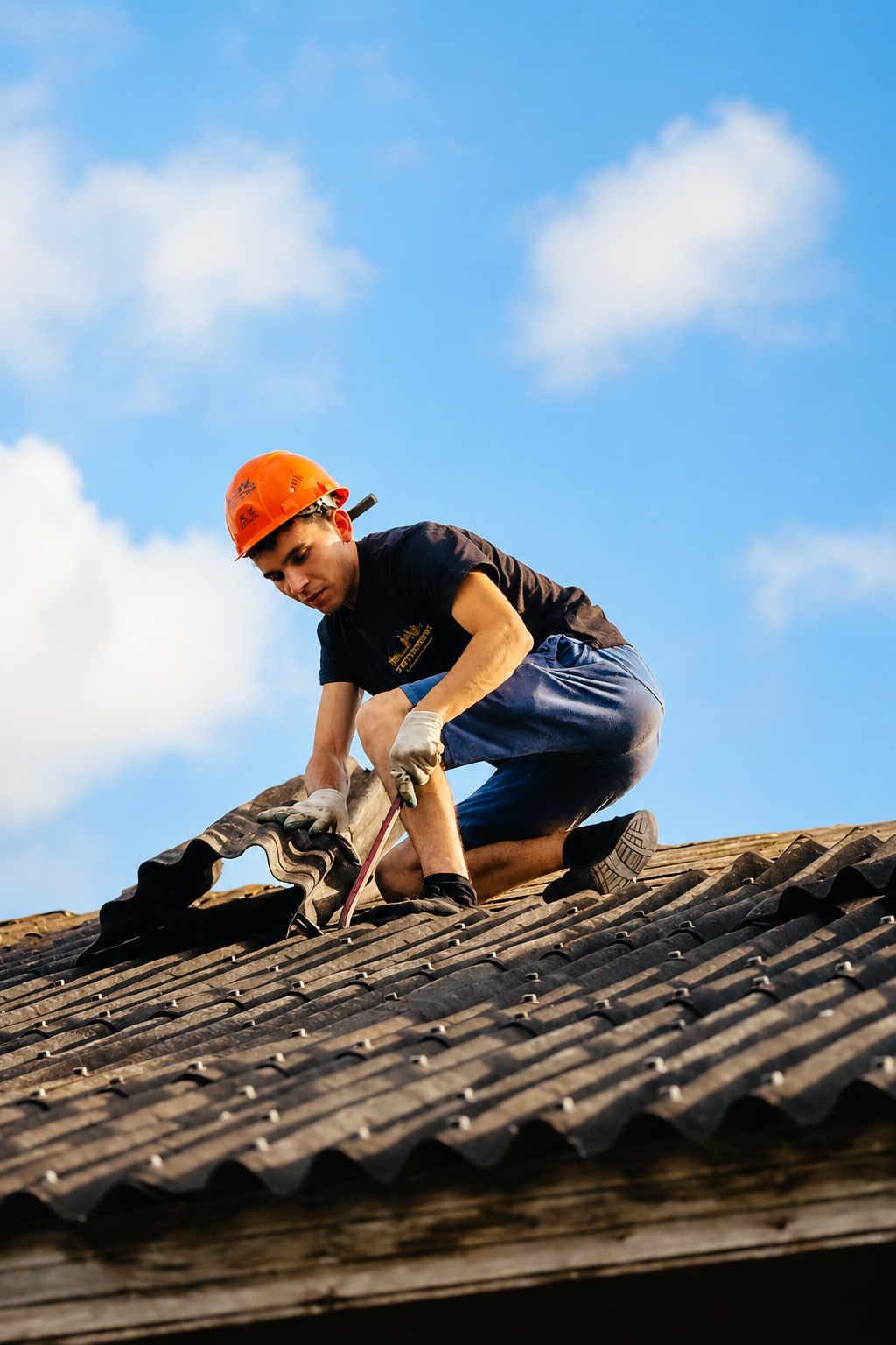 Roofer in an orange helmet repairs a dark tiled roof under a blue sky with clouds.
