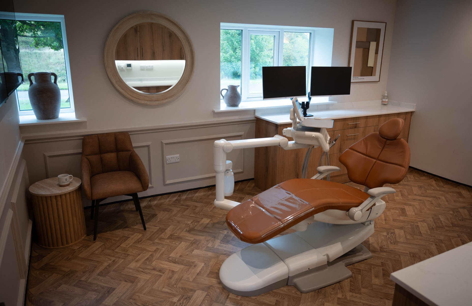 Bright treatment room with a tan leather dental chair and a garden view
