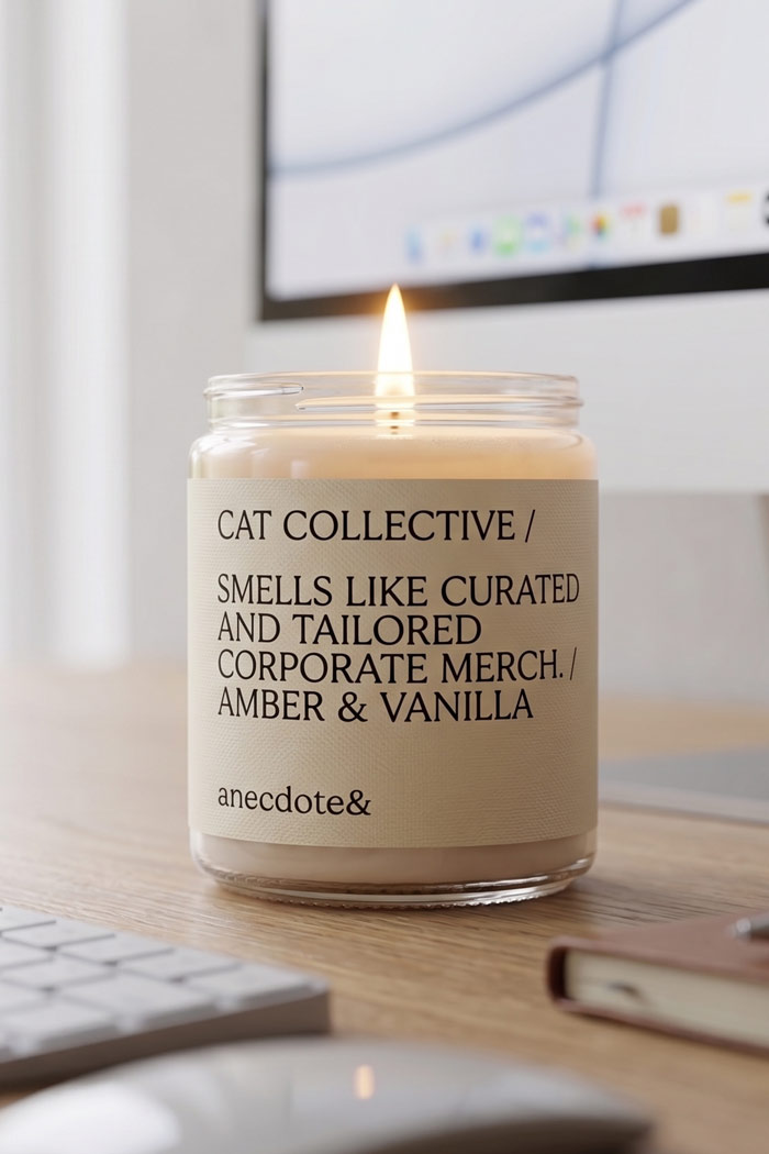 CAT Collective branded amber and vanilla candle on a desk