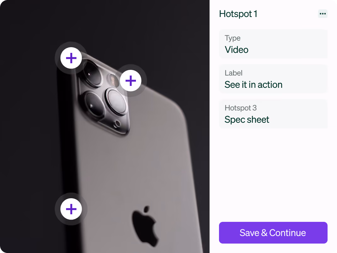 Hotspot editor placing interactive points on a phone product image