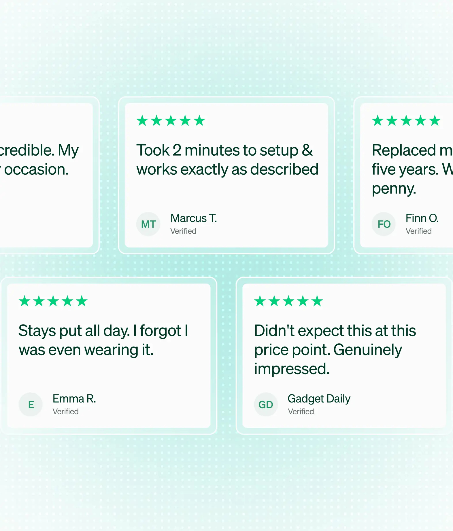 Grid of five-star customer review cards