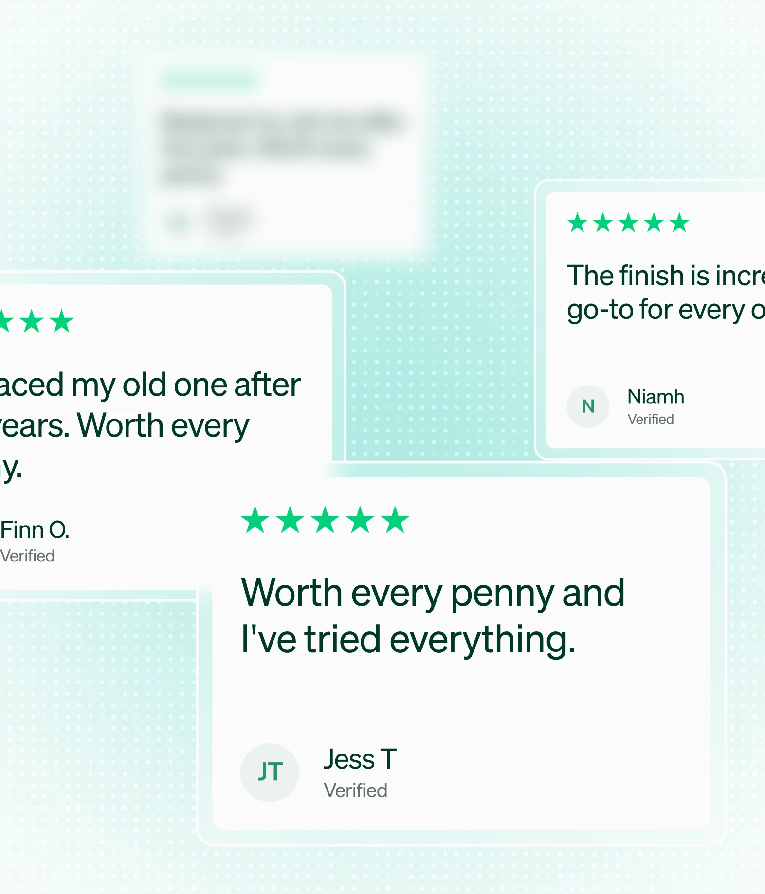 Customer review cards with five-star ratings