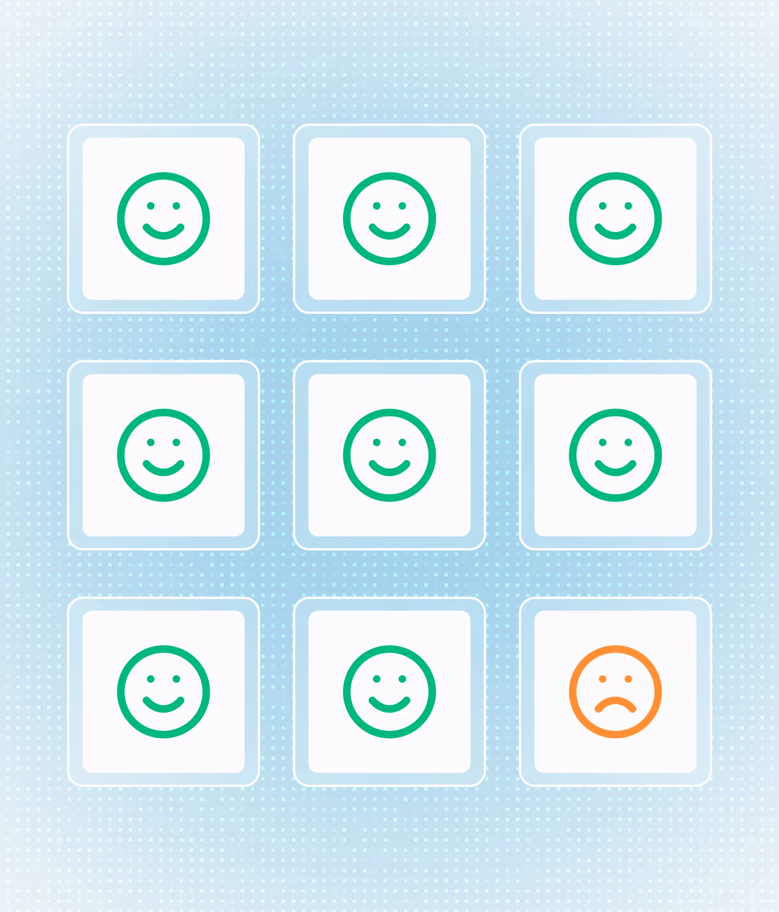 Grid of nine review faces, eight satisfied and one dissatisfied