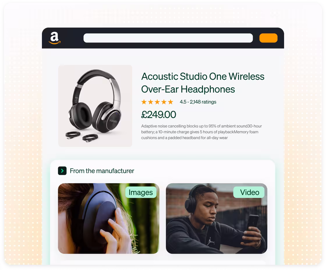 Amazon product listing showing A+ content with image and video modules