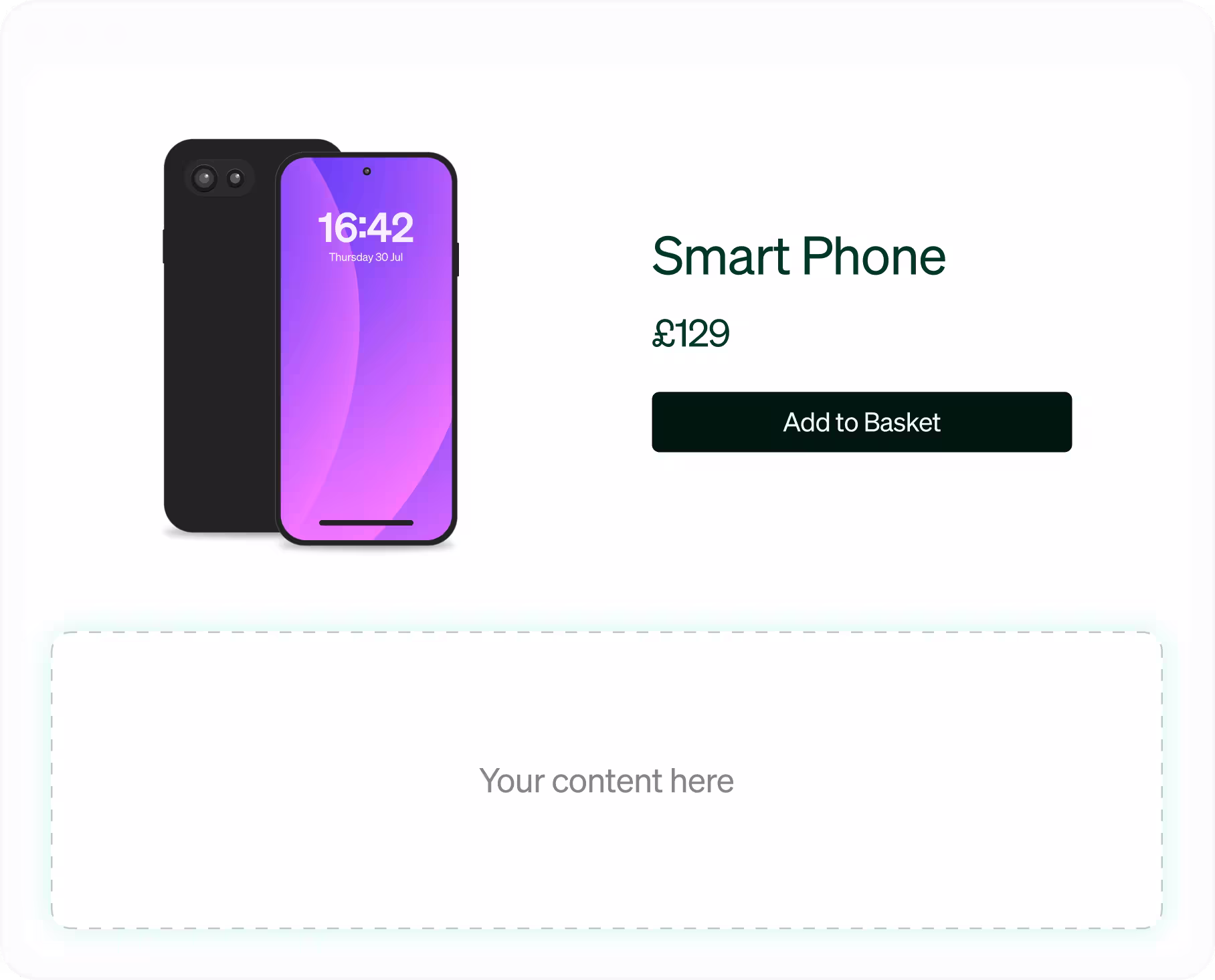 Retailer product page with an empty content slot below a smartphone listing