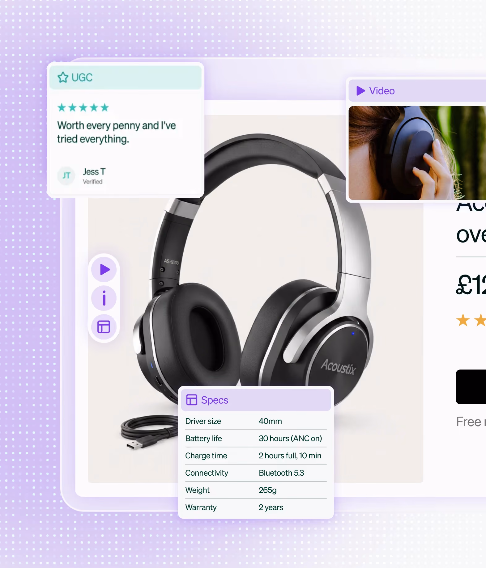 Wireless over-ear black and silver Acoustix headphones with a USB charging cable, user review praising value, a video thumbnail of a person wearing them, and a specs list showing 40mm driver size, 30 hours battery life with ANC, 2 hour 10 minute charge time, Bluetooth 5.3, 265g weight, and 2-year warranty.