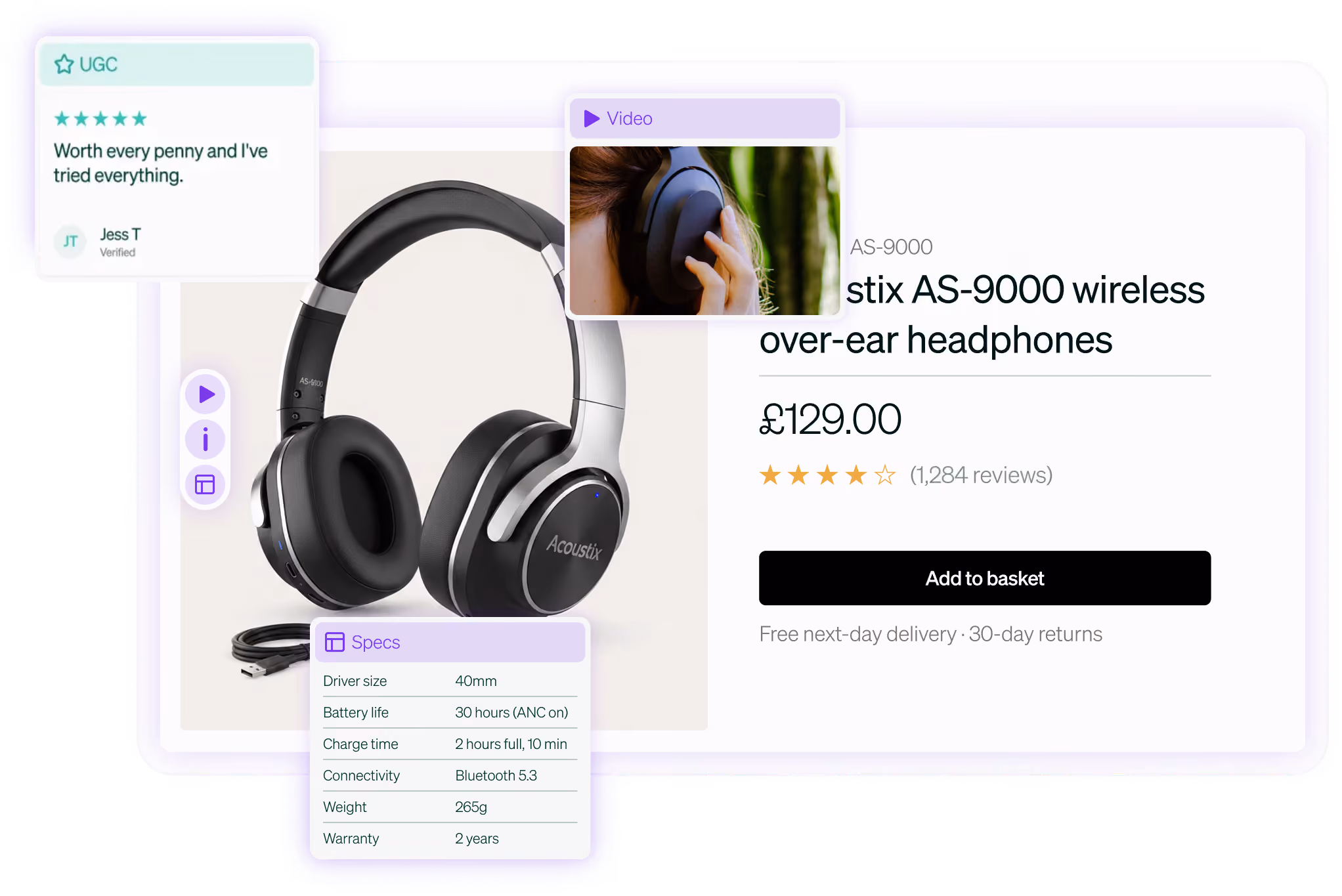 Product page showing Acoustix AS-9000 wireless over-ear headphones priced at £129.00 with 4-star rating from 1,284 reviews, a customer review praising the product, and specs including 40mm driver size, 30-hour battery life with ANC on, 2-hour full charge time, Bluetooth 5.3 connectivity, 265g weight, and 2-year warranty.