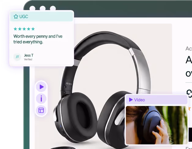 Black and silver over-ear headphones displayed on a light background with a user review popup saying 'Worth every penny and I've tried everything' and a small video thumbnail showing a person holding the headphones.